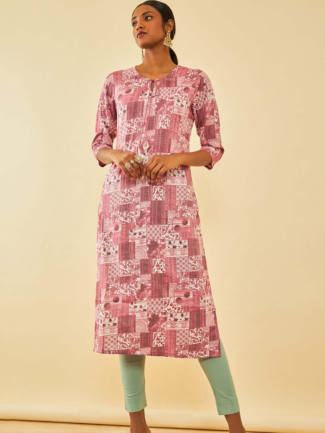 

Soch Abstract Printed Tie-Up Neck Straight Kurta, Pink