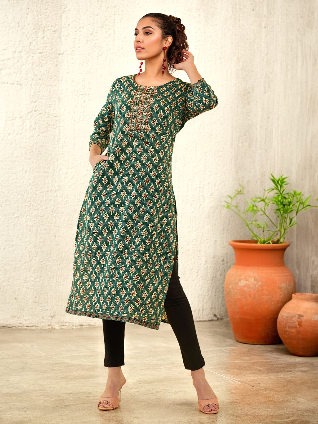 

Soch Ethnic Motifs Printed Cotton Yoke Design Round Neck Mirror Work Kurta, Green