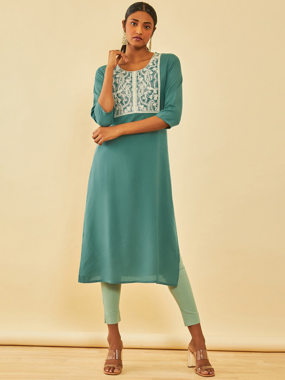 

Soch Ethnic Motifs Yoke Design Embroidered Kurta, Teal