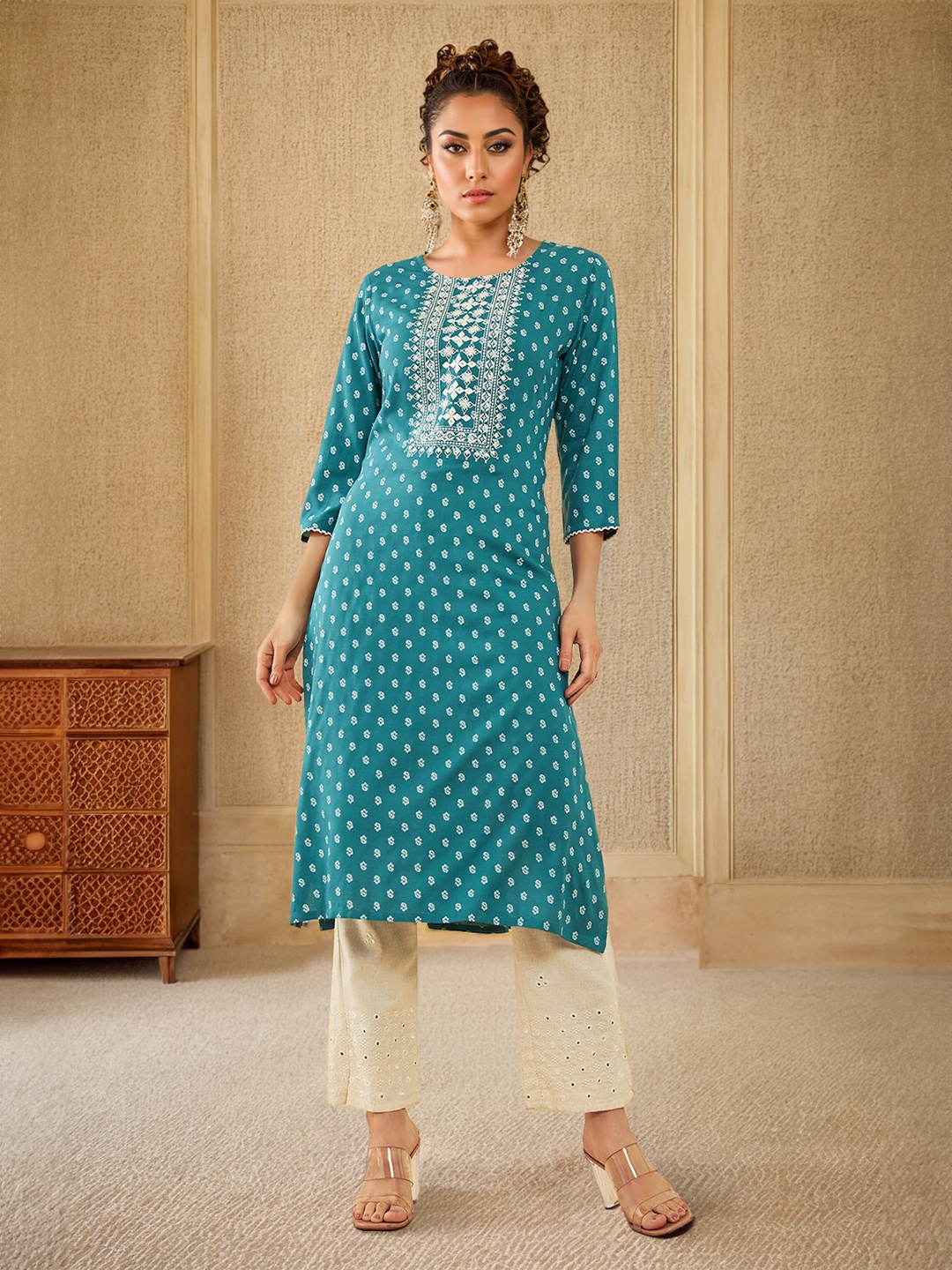 

Soch Ethnic Motifs Embroidered Yoke Design Thread Work Kurta, Teal