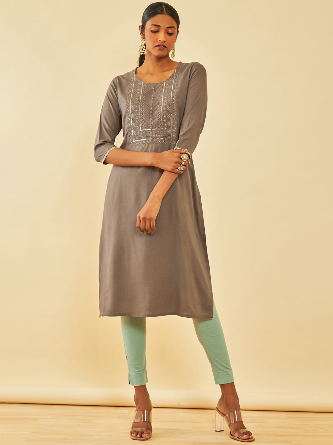 

Soch Ethnic Motifs Yoke Design Thread Work Kurta, Grey