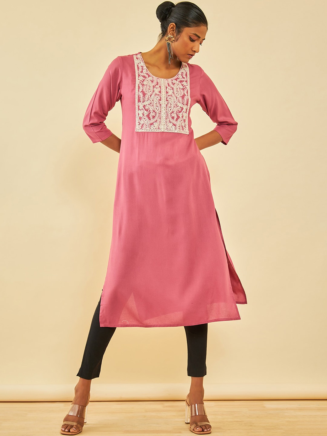 

Soch Yoke Design Embroidered Thread Work Kurta, Pink