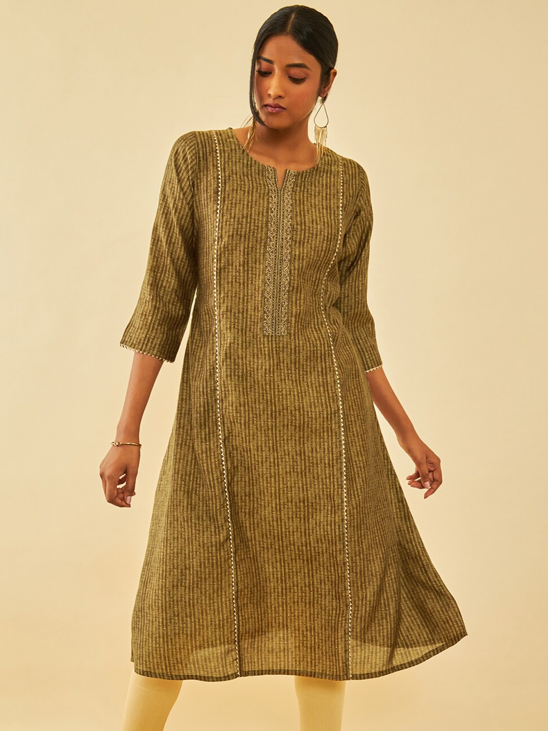 

Soch Striped Notch Neck Gotta Patti Muslin A-Line Kurta, Olive