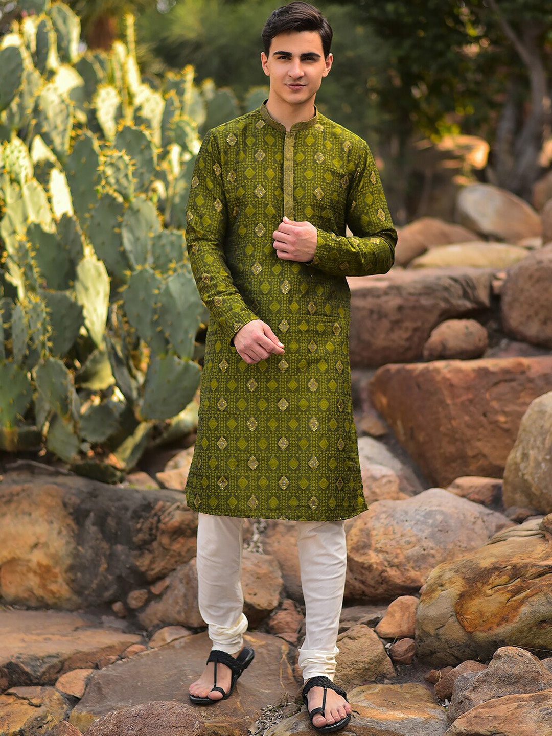 

HOUSE OF DEYANN Ethnic Motifs Woven Design Sequinned Straight Kurta with Churidar, Olive