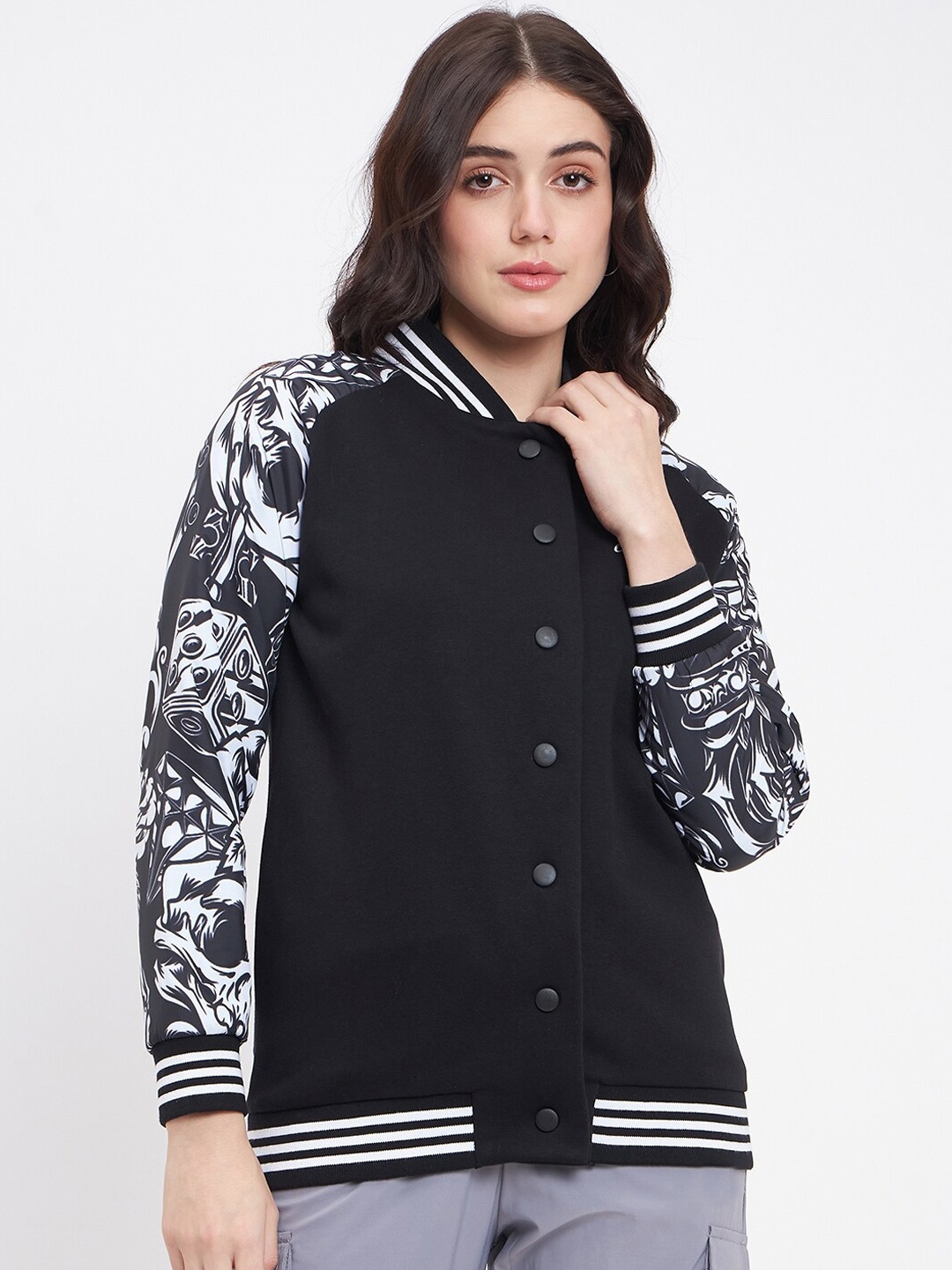 

EDRIO Graphic Printed Stand Collar Lightweight Cotton Bomber, Black