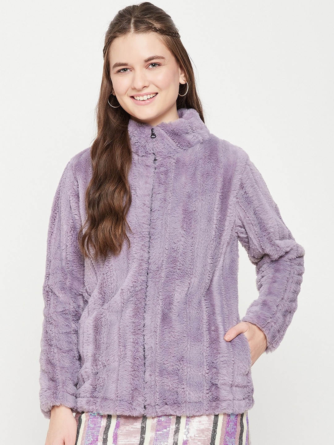 

EDRIO Mock Collar Faux Fur Tailored Jacket, Lavender