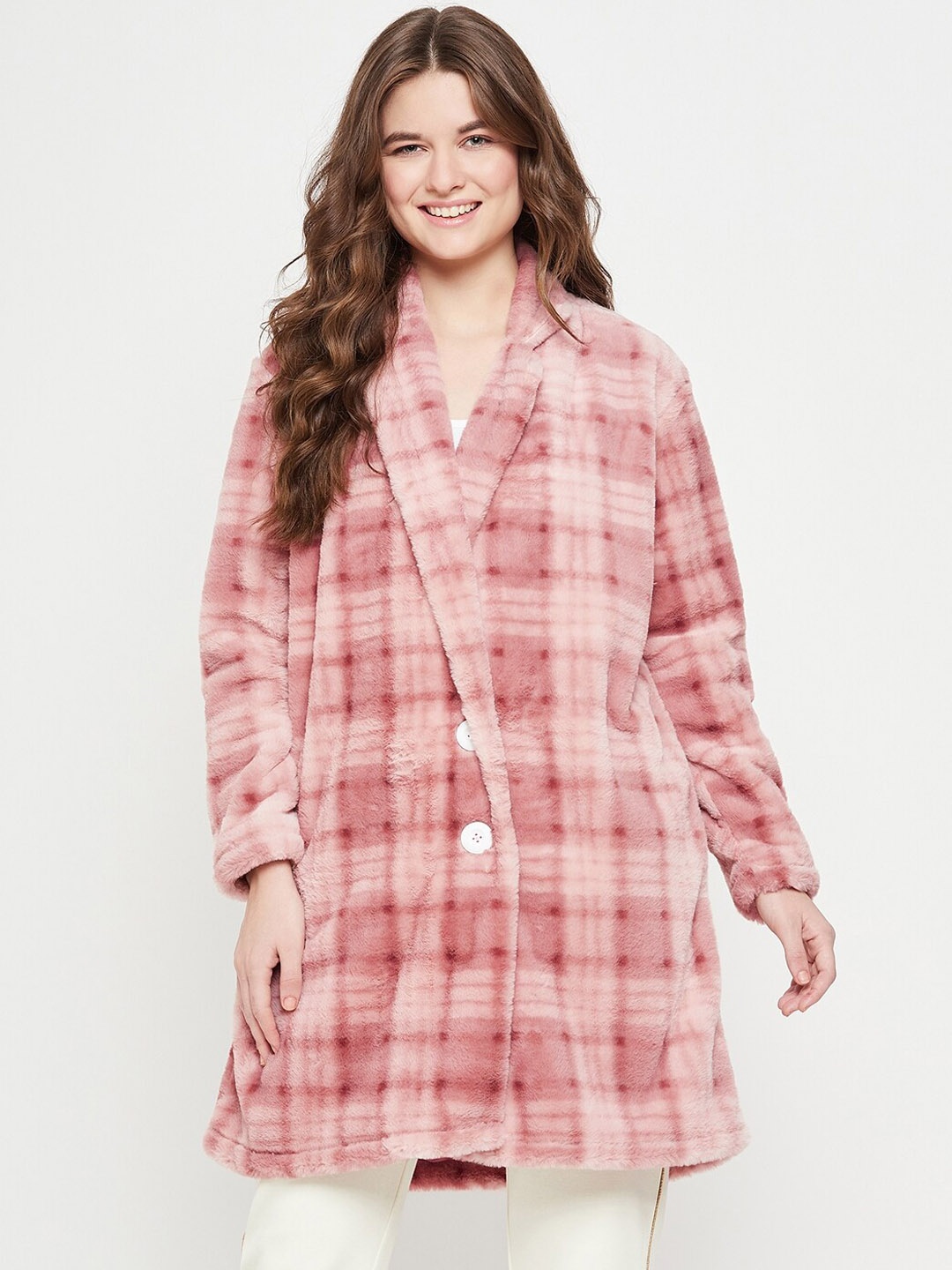 

EDRIO Checked Notched Lapel Longline Faux Fur, Pink