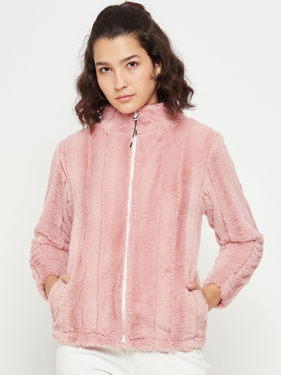 

EDRIO Mock Collar Faux Fur Open Front Jacket, Peach