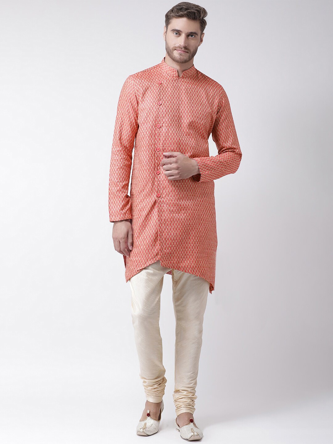 

DEYANN Geometric Printed Mandarin Collar Long Sleeves Straight Kurta with Churidar, Pink