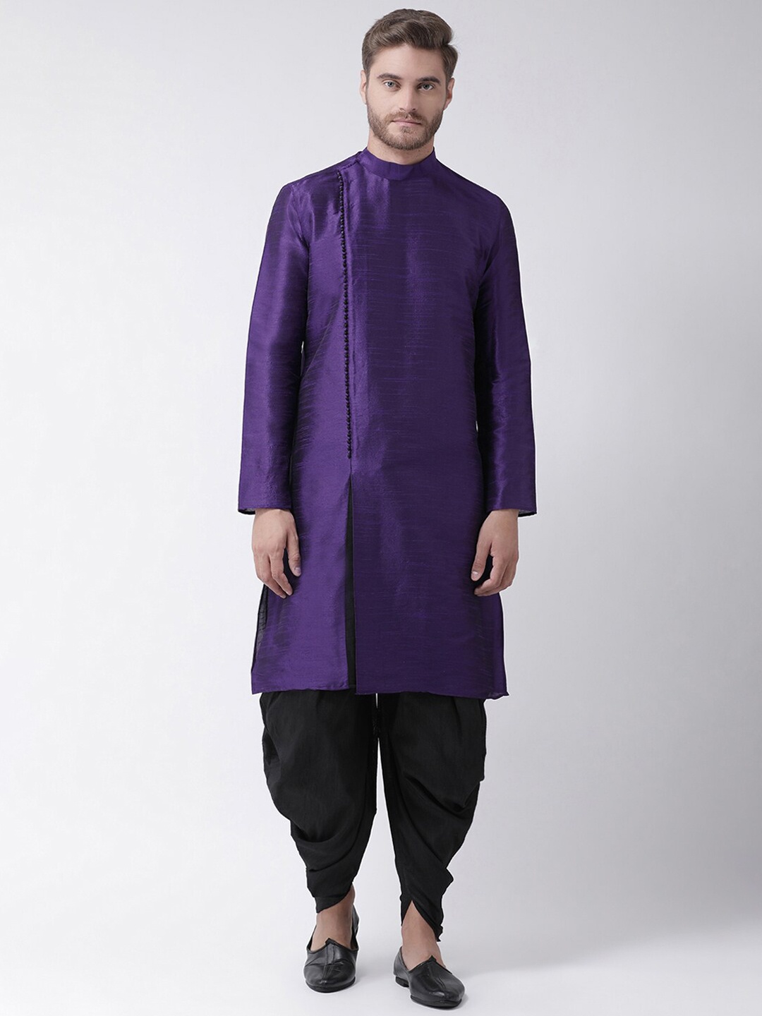 

DEYANN Mandarin Collar Knee Length Dupion Silk Straight Kurta with Patiala, Purple