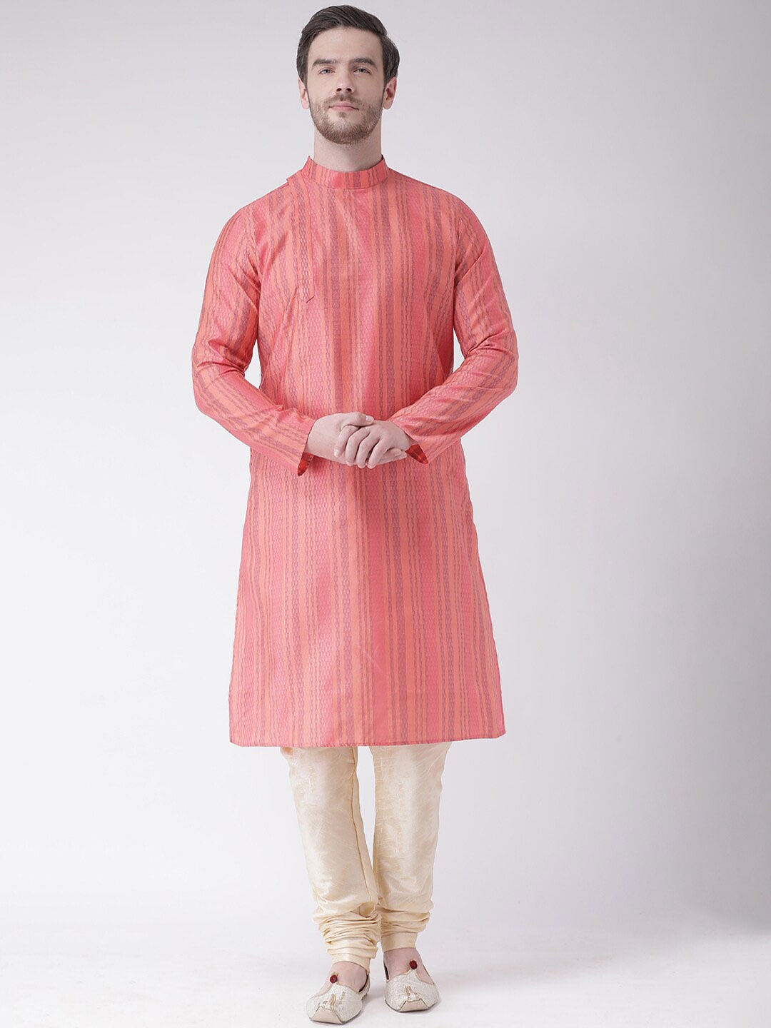 

DEYANN Mandarin Collar Regular Yoke or Border Dupion Silk Straight Kurta with Churidar, Pink