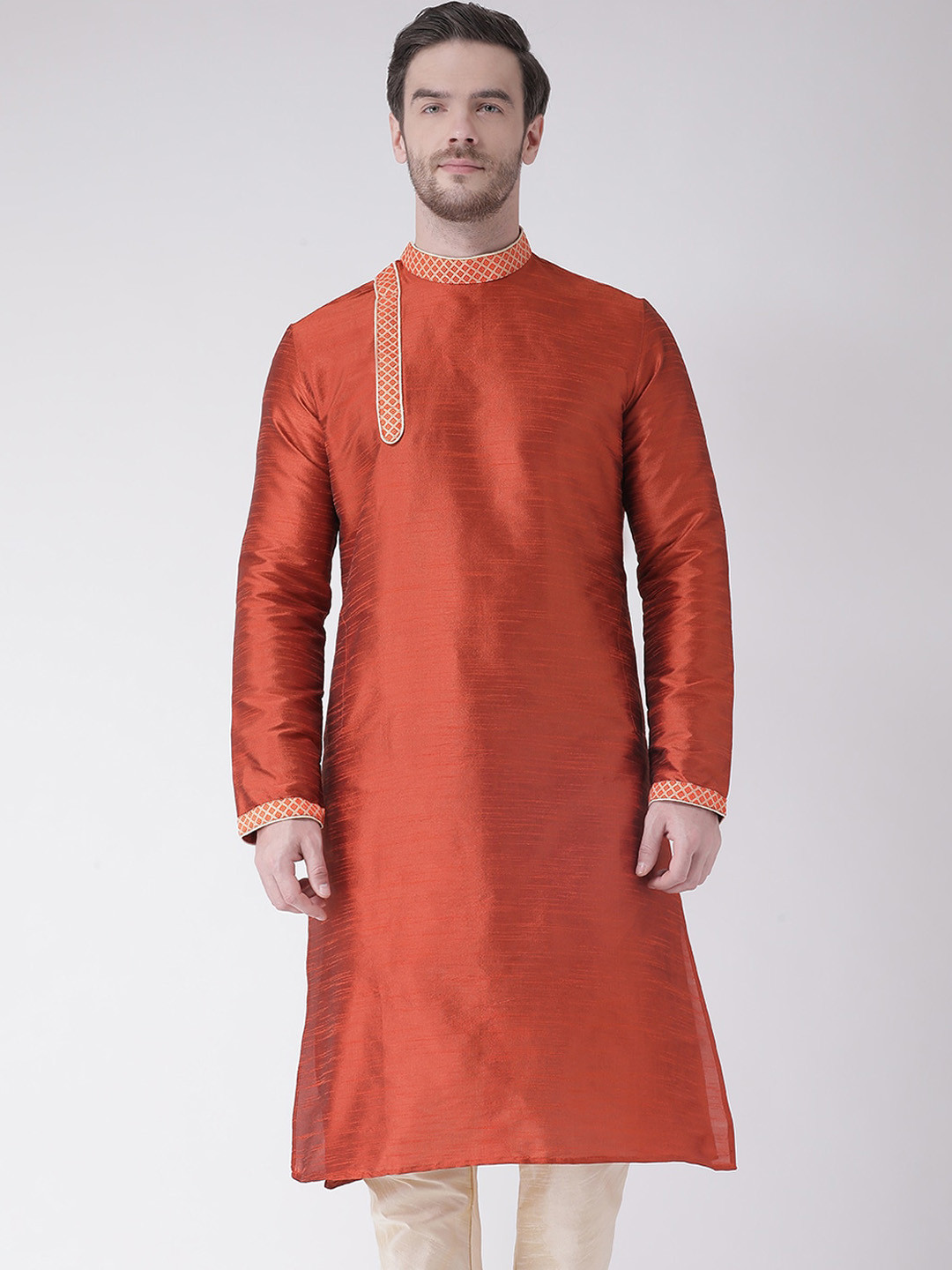 

DEYANN Silk Kurta with Churidar Pant set with Mandarin Collar, Orange
