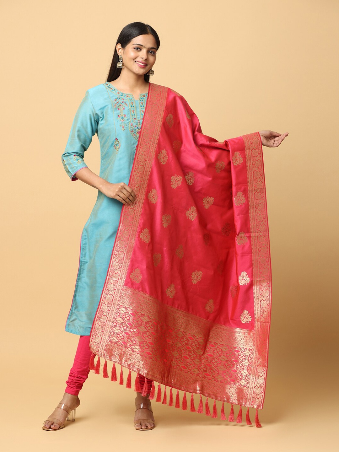 PATLIPALLU Floral Woven Design Zari Dupatta, Pink