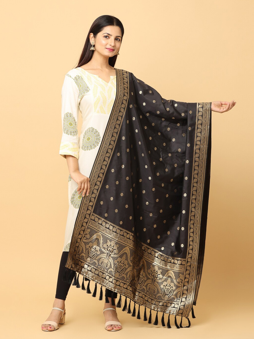 

PATLIPALLU Ethnic Motifs Woven Design Zari Dupatta, Brown