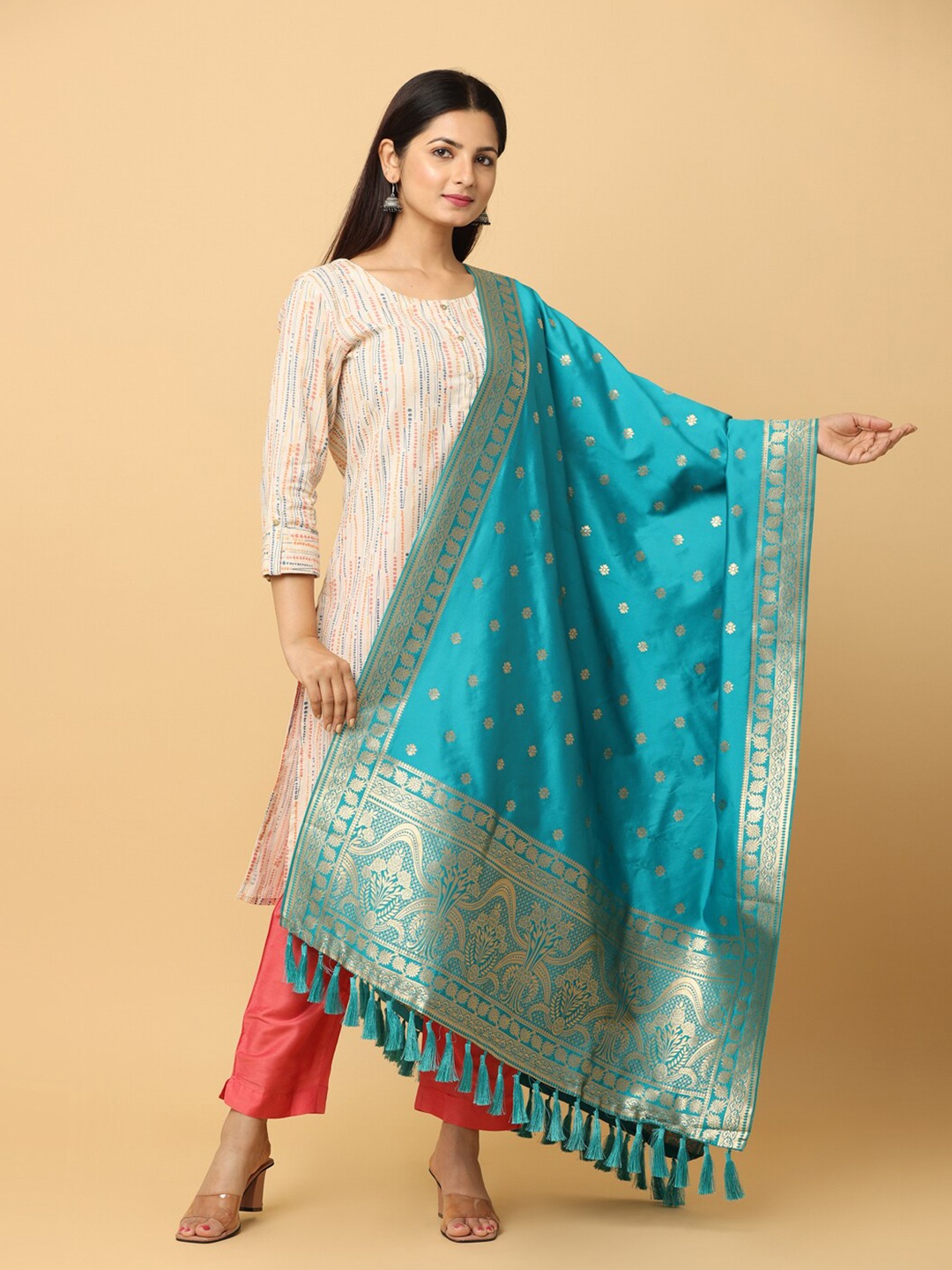 

PATLIPALLU Ethnic Motifs Woven Design Zari Dupatta, Teal