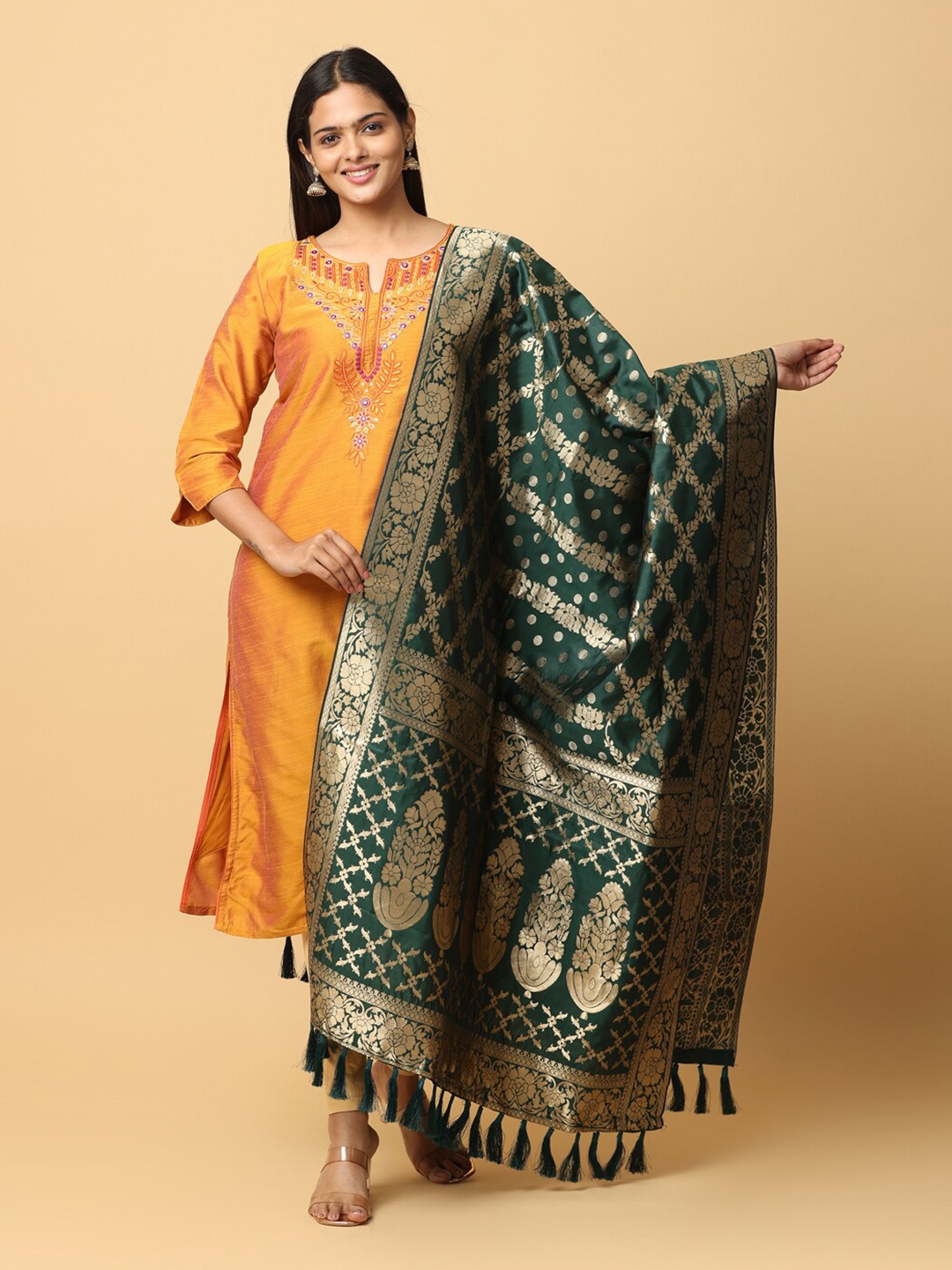 

PATLIPALLU Ethnic Motifs Woven Design Zari Dupatta, Green