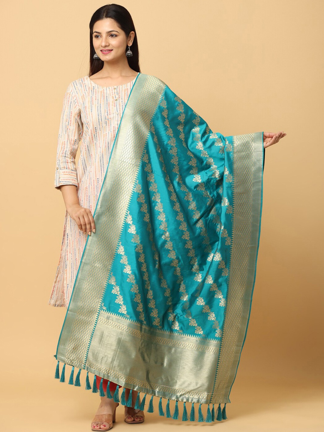 

PATLIPALLU Ethnic Motifs Woven Design Dupatta with Zari, Teal
