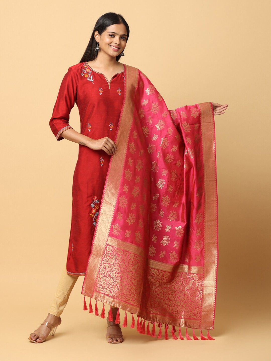 

PATLIPALLU Woven Design Dupatta With Zari, Pink