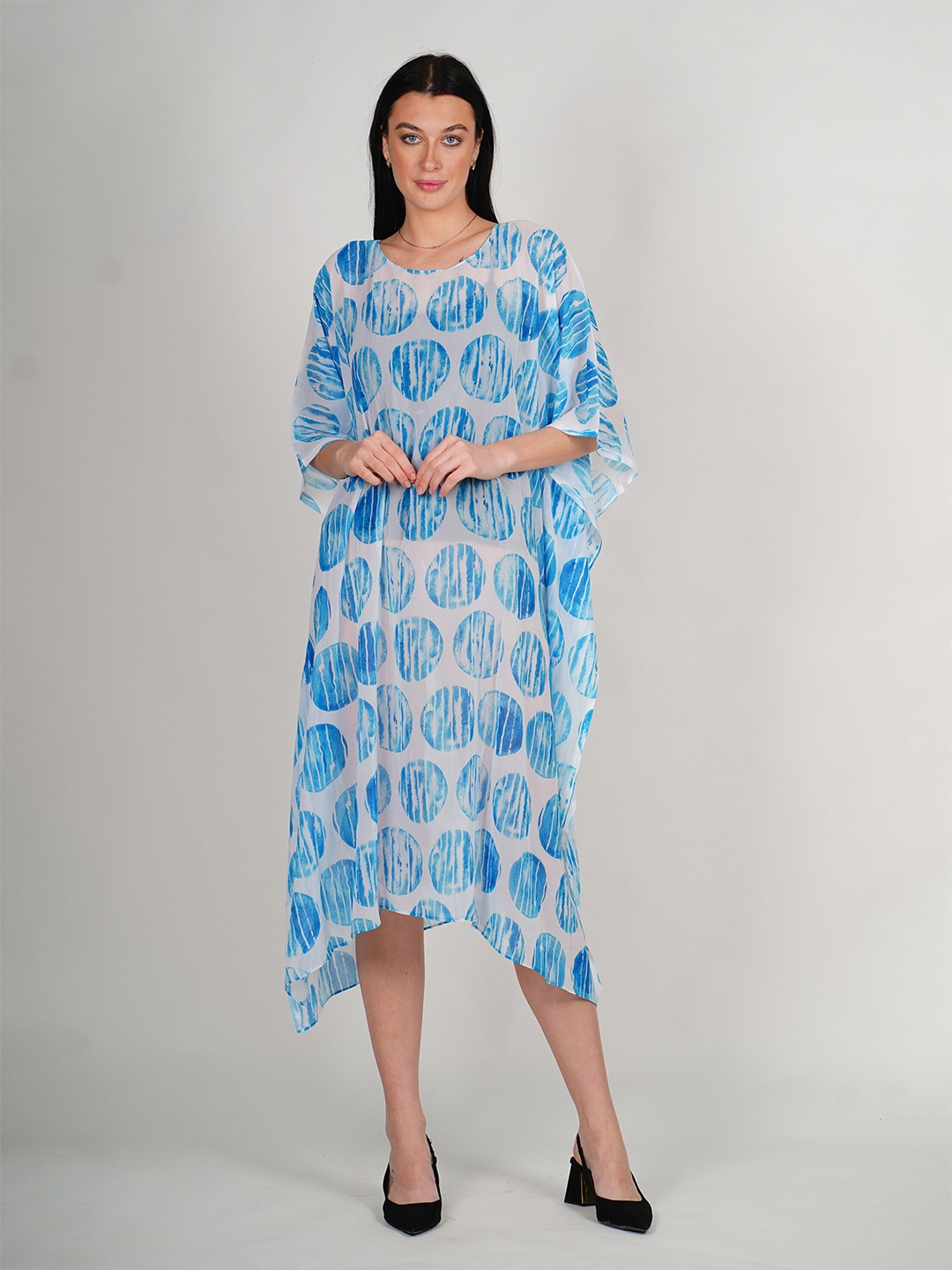

Rajoria Instyle Printed Kimono Sleeves Georgette Kaftan Midi Dress, Blue