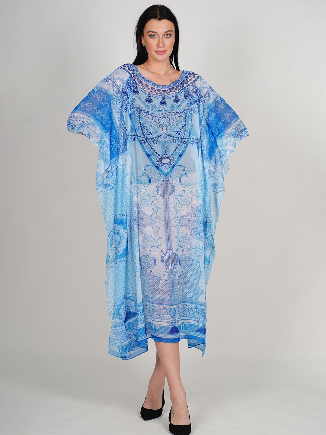 

Rajoria Instyle Round Neck Short Kimono Sleeves Ethnic Printed Georgette A-Line Midi Dress, Blue