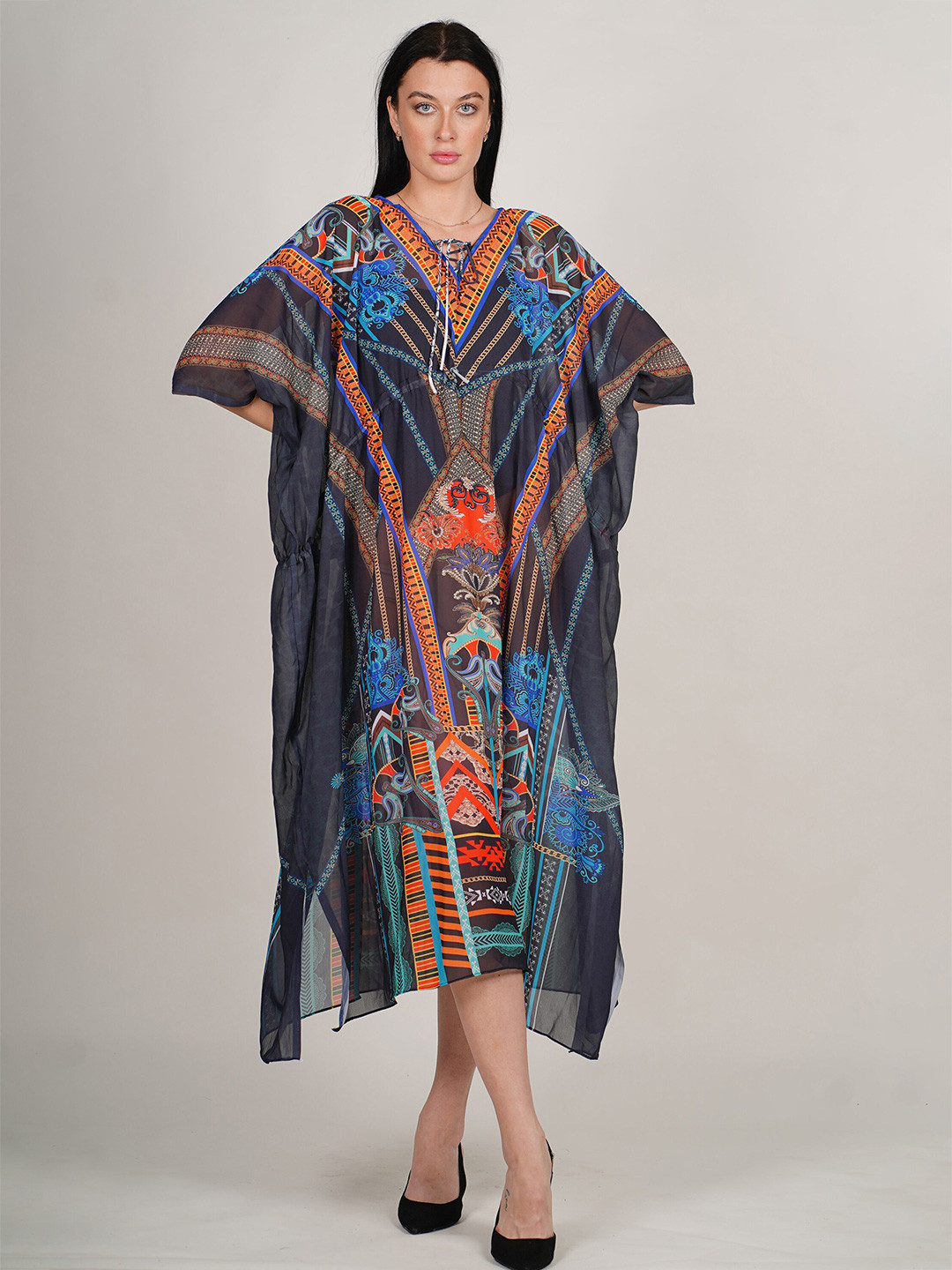 

Rajoria Instyle Printed Kimono Sleeves Georgette Kaftan Midi Dress, Black