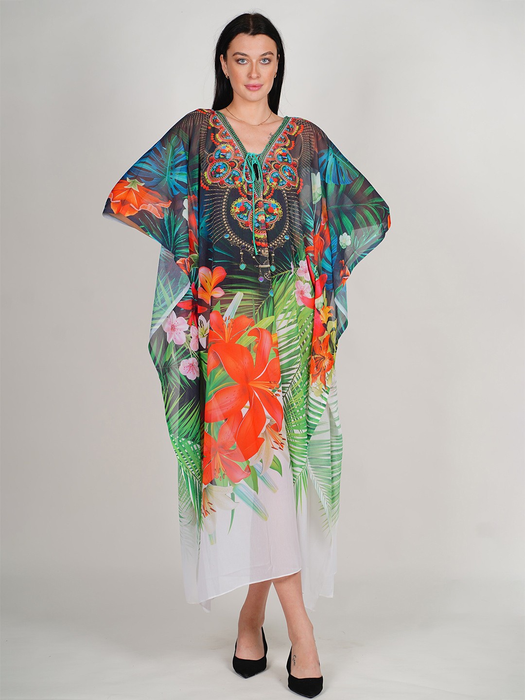 

Rajoria Instyle Printed Kimono Sleeves Georgette Kaftan Dress, Orange