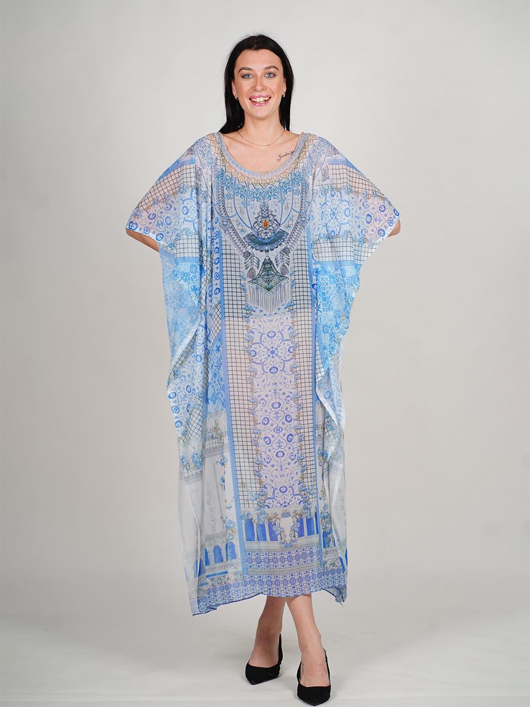 

Rajoria Instyle Floral Print Flared Sleeve Georgette Kaftan Midi Dress, Multi