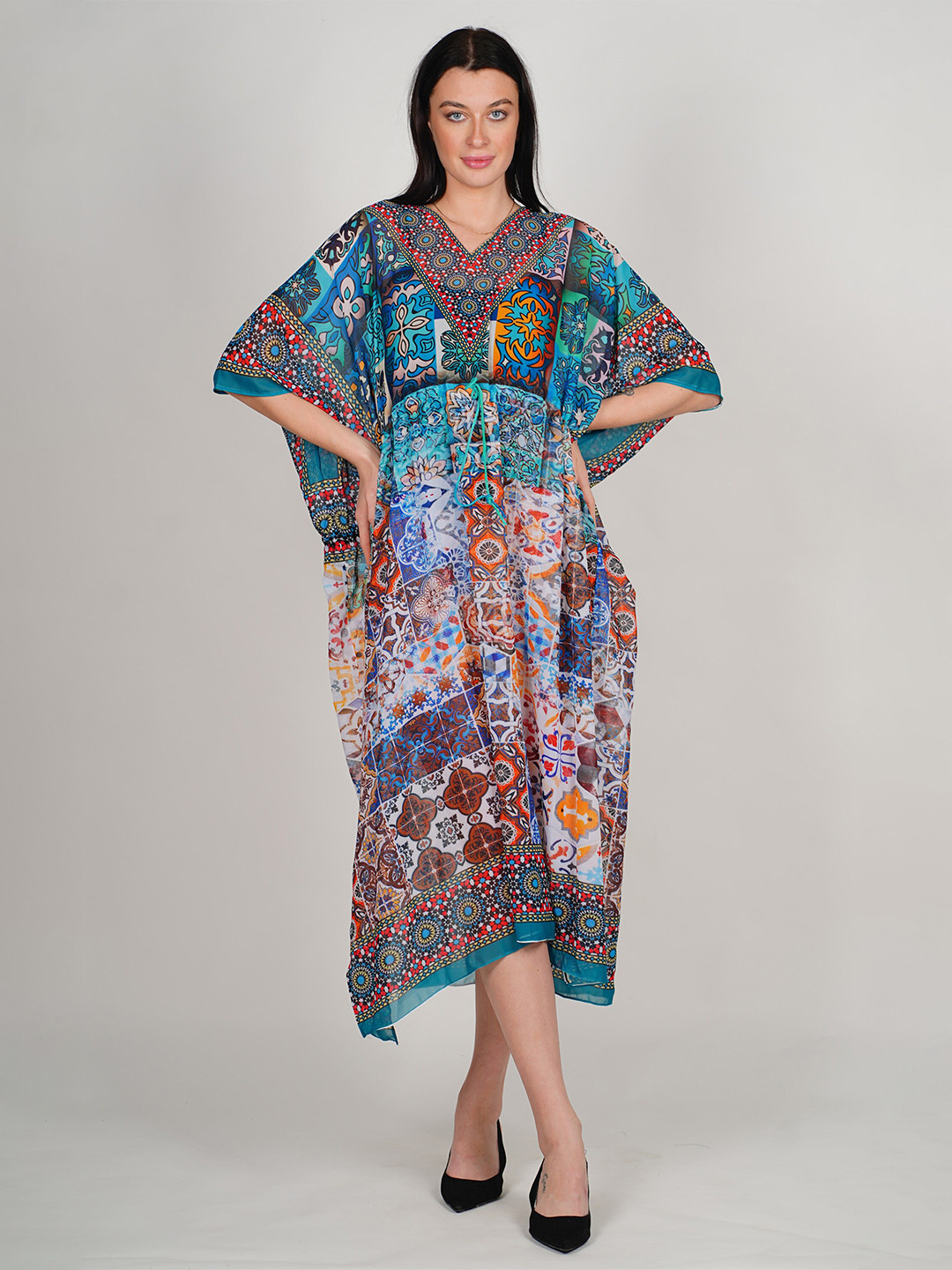 

Rajoria Instyle Ethnic Motifs Print Flared Sleeve Georgette Kaftan Midi Dress, Multi