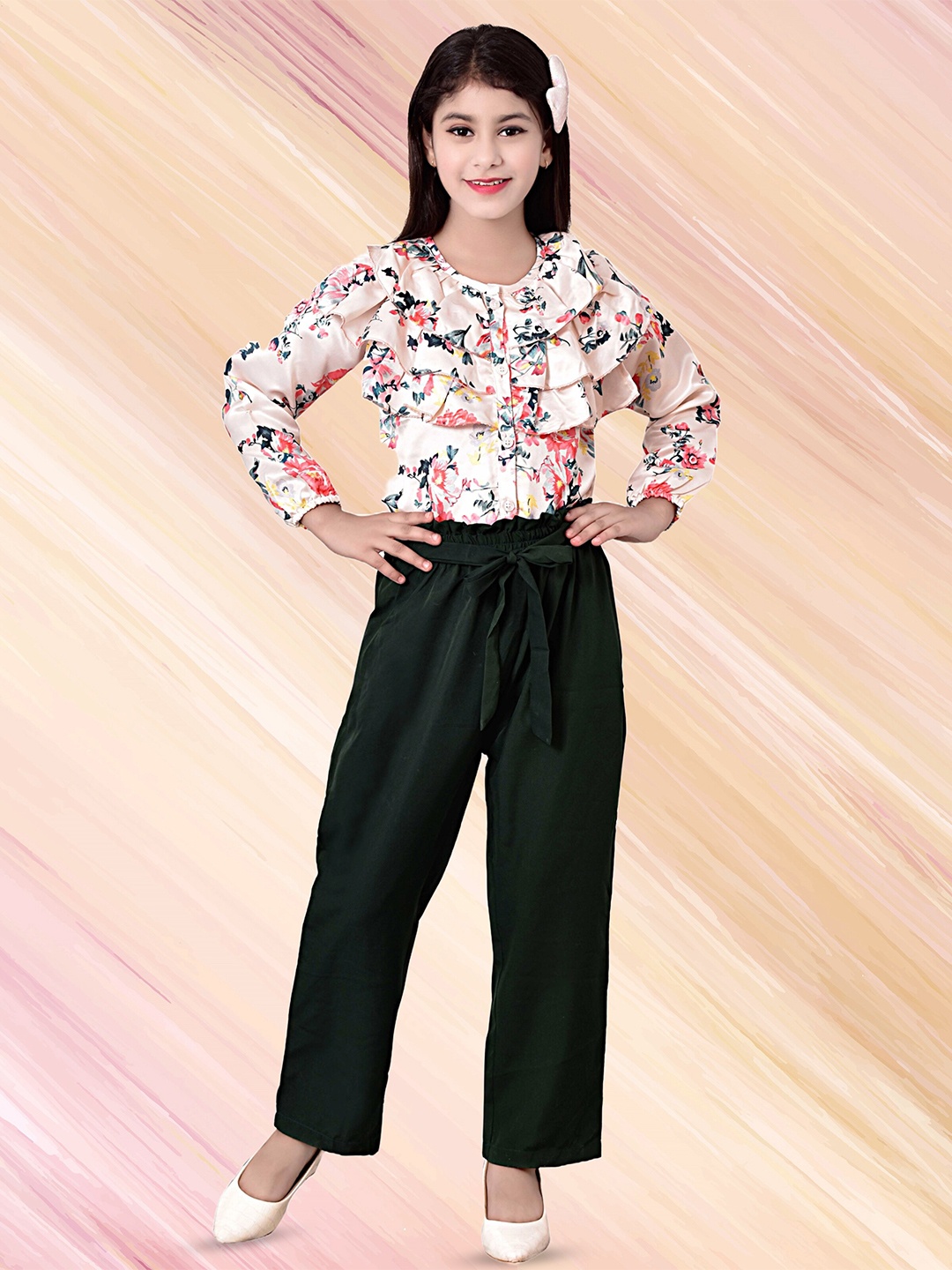 BAESD Girls Printed Long Sleeves Top With Trousers, Peach