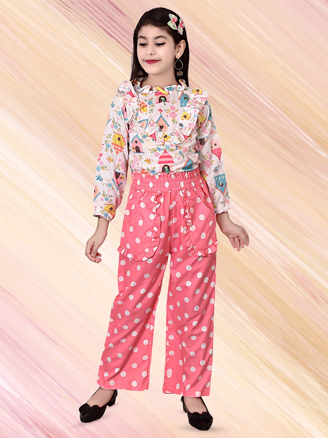 BAESD Girls Printed Long Sleeves Top With Trousers, Pink