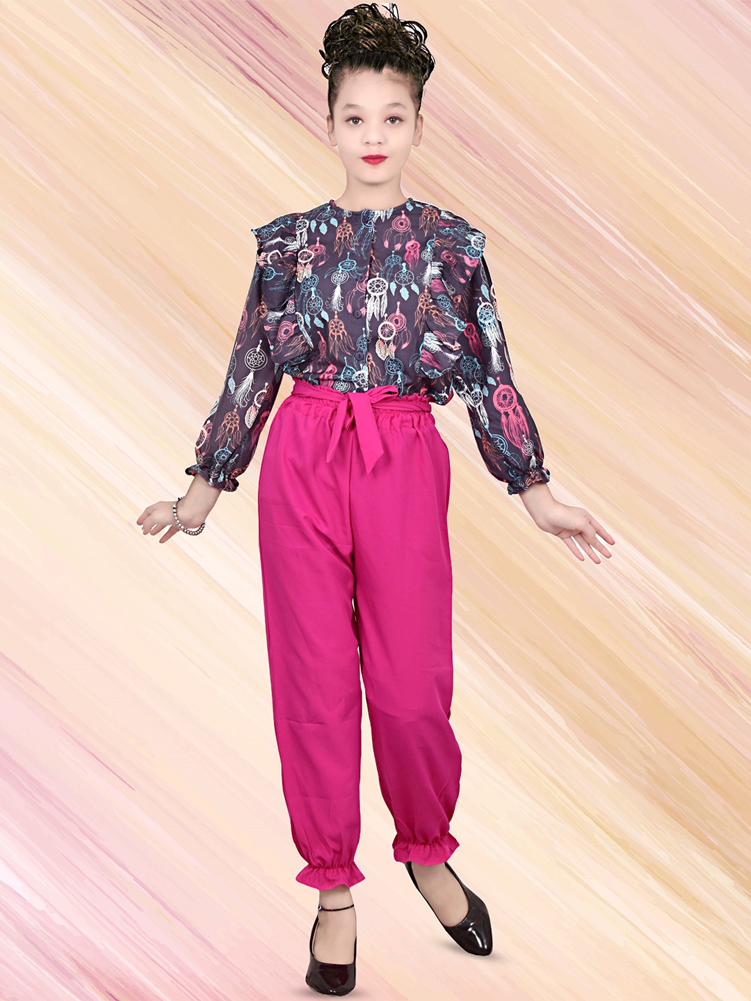 

BAESD Girls Printed Cuffed Sleeves Top With Trousers, Pink