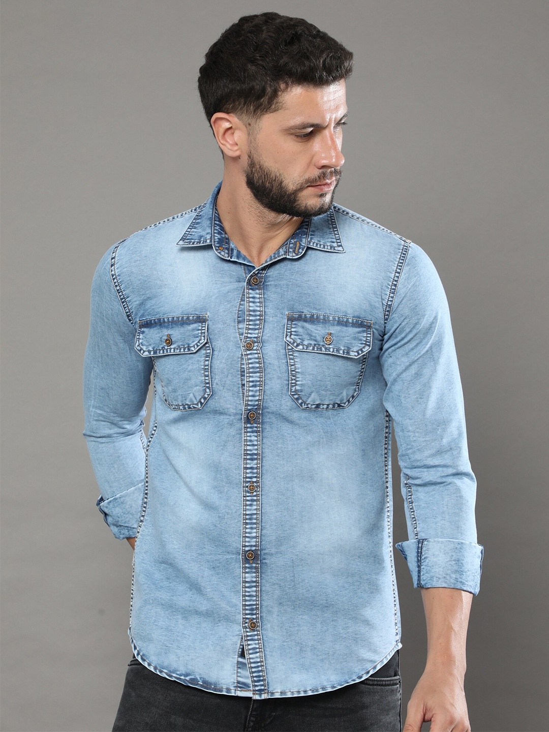 

CAZZBA Faded Spread Collar Long Sleeves Denim Casual Shirt, Blue