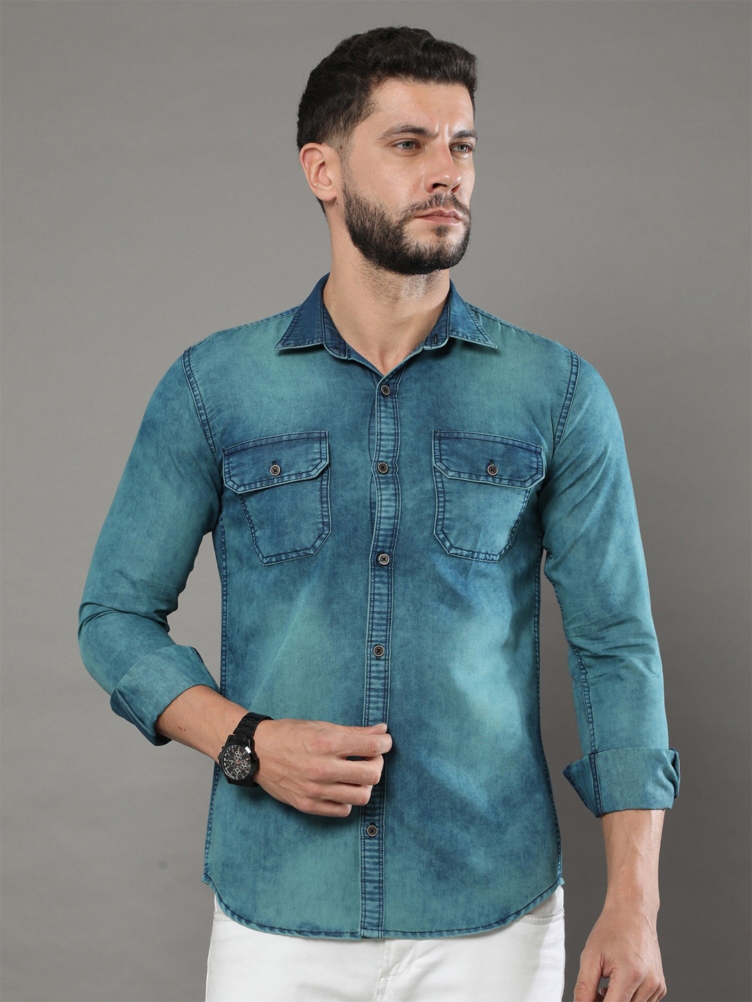 

CAZZBA Faded Spread Collar Long Sleeves Denim Casual Shirt, Blue
