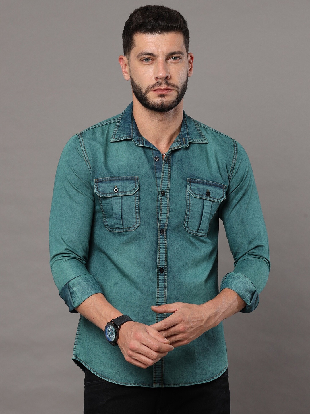 

CAZZBA Faded Spread Collar Long Sleeves Denim Casual Shirt, Blue