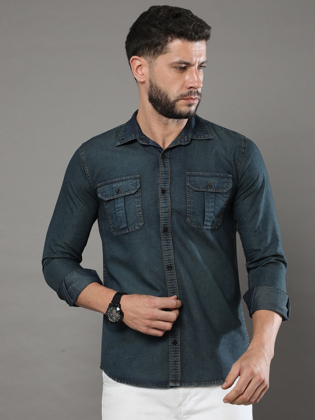 

CAZZBA Spread Collar Long Sleeves Denim Casual Shirt, Blue