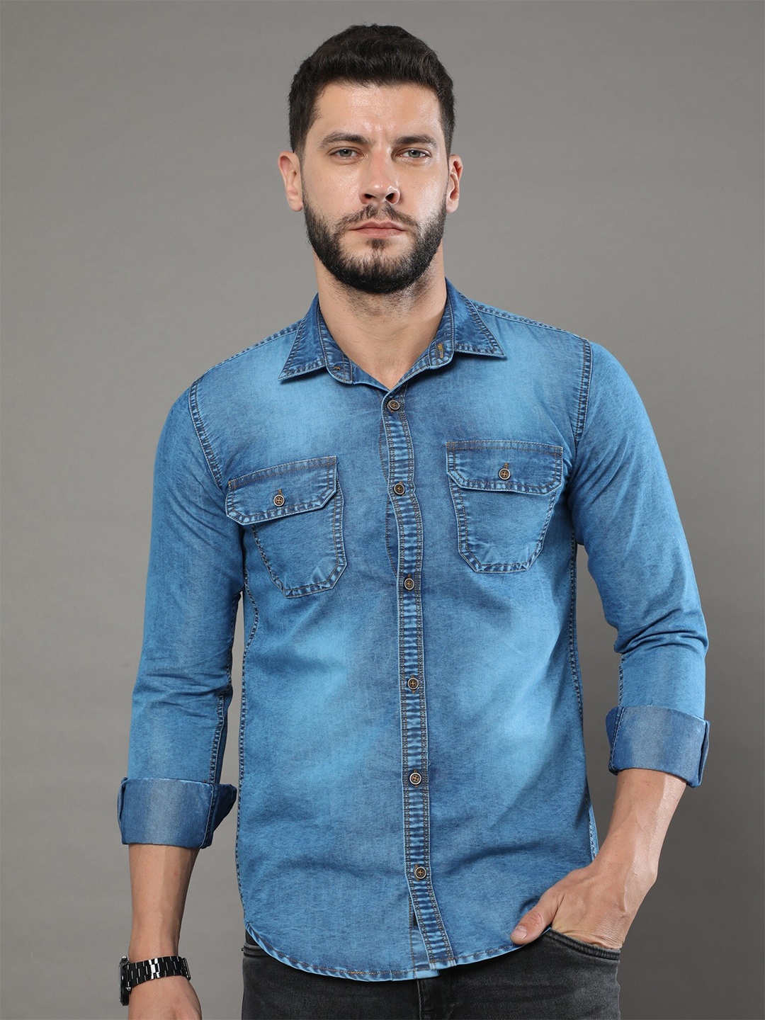 

CAZZBA Faded Spread Collar Long Sleeves Denim Casual Shirt, Blue
