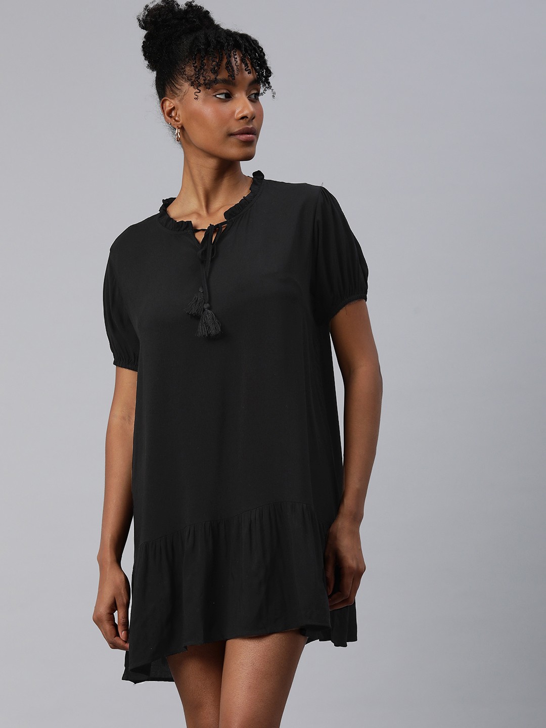 

London Rag Tie-Up Neck Puff Sleeves Tiered Mini Dress, Black