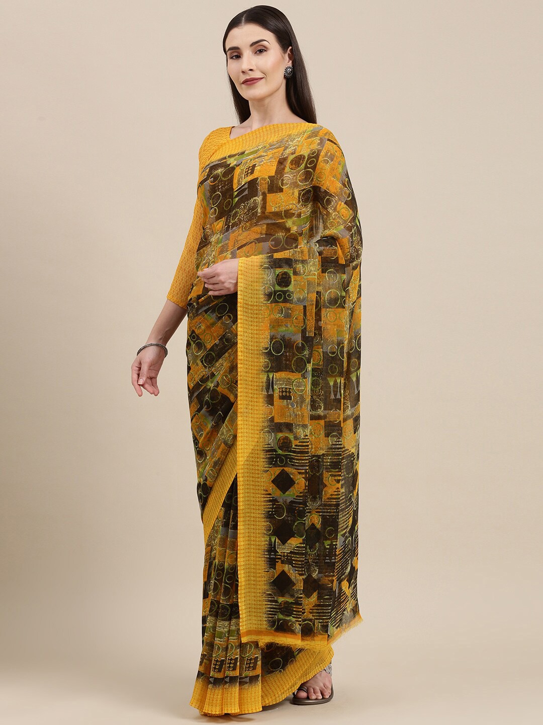 

Shaily Geometric Printed Saree, Yellow