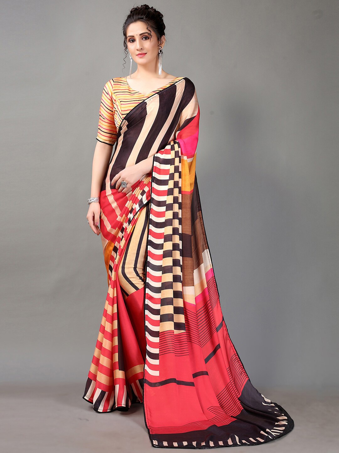 

Shaily Striped Satin Saree, Red