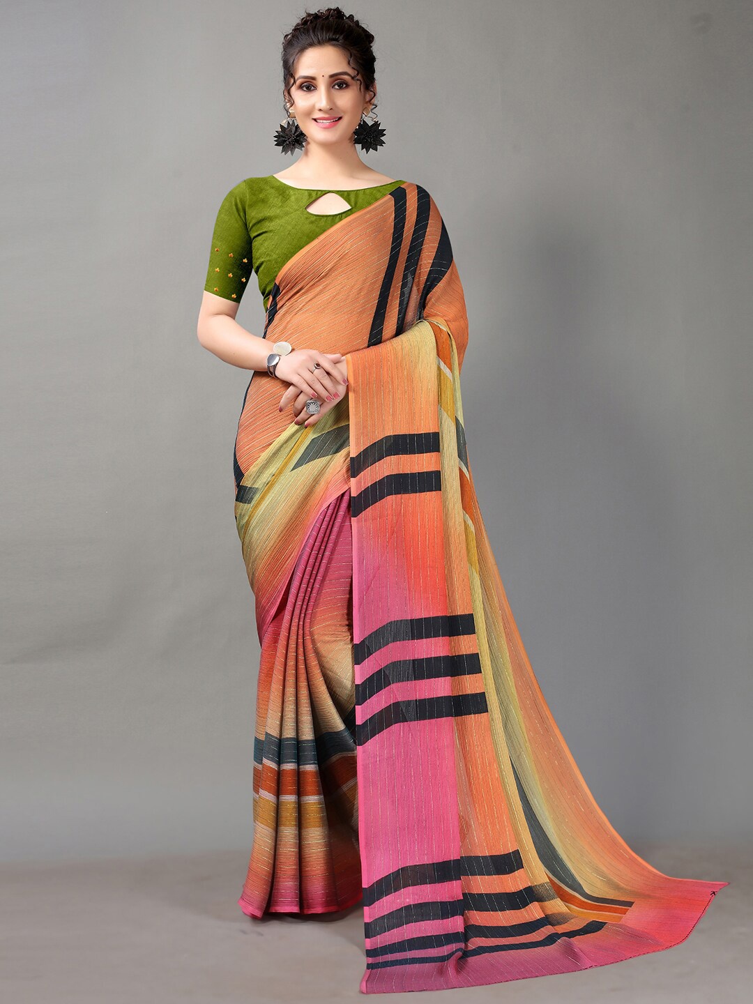 

Shaily Rust Striped Printed Saree