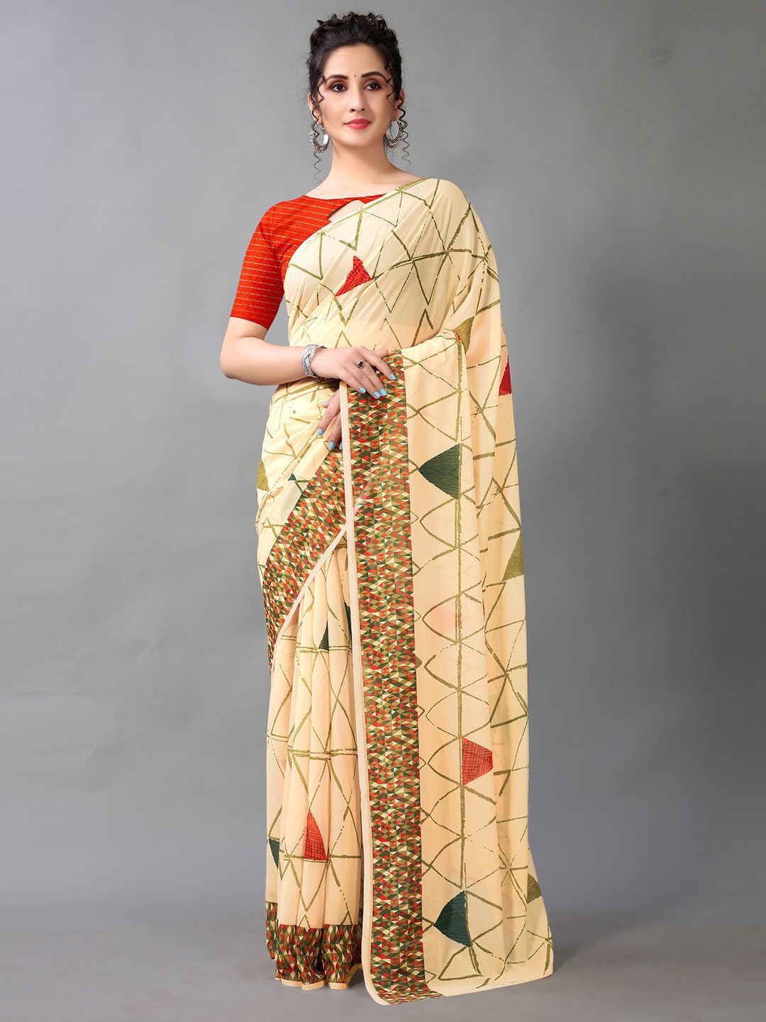 

Shaily Geometric Printed Saree, Cream