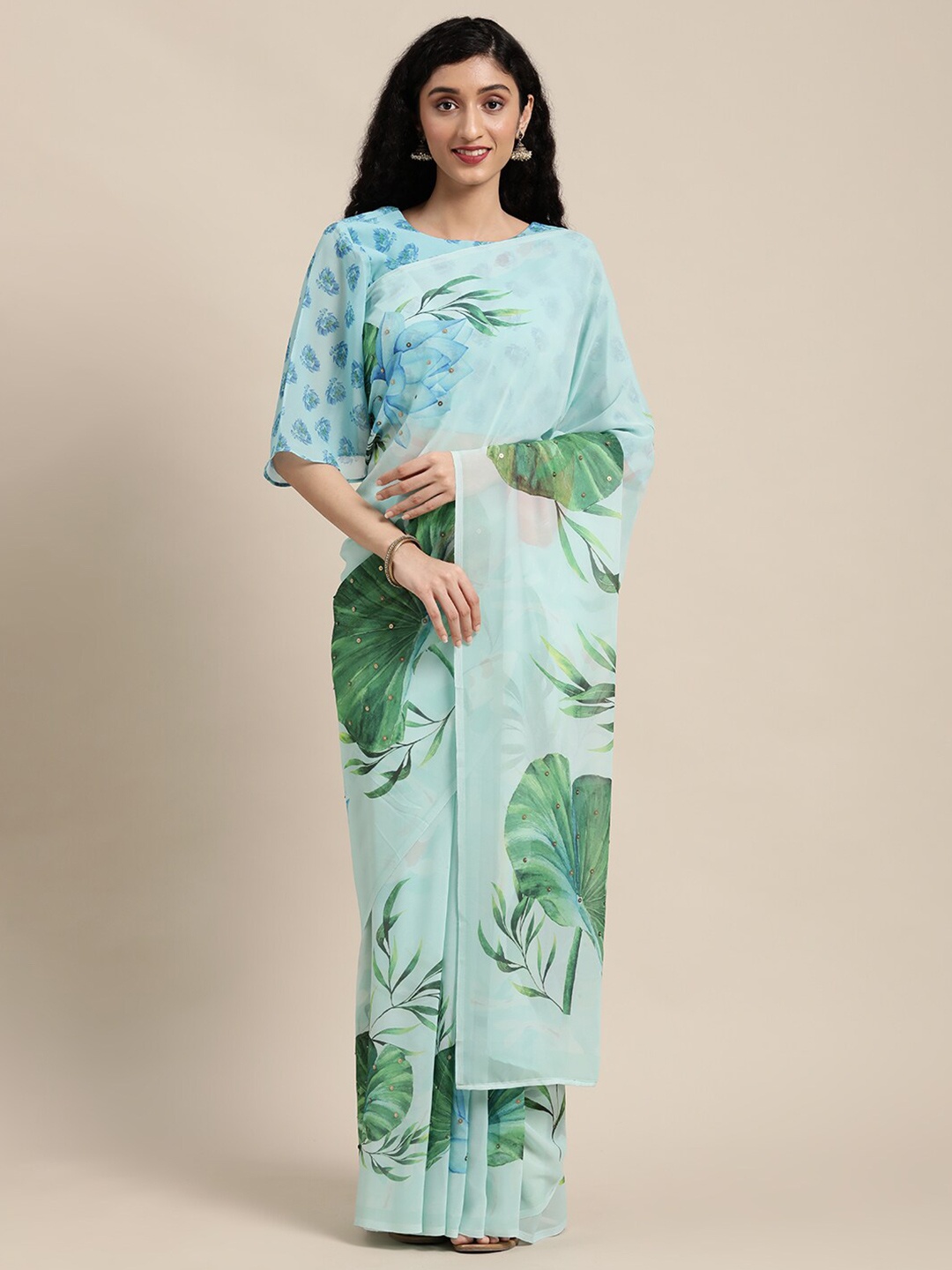 

Shaily Floral Printed Sequinned Saree, Sea green