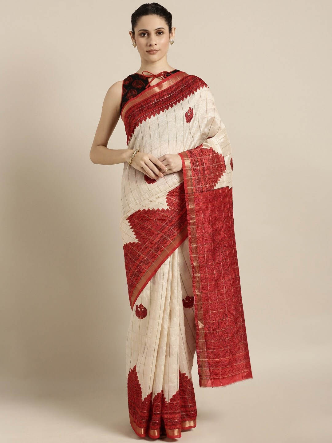 

Shaily Checked Printed Zari Saree, Cream