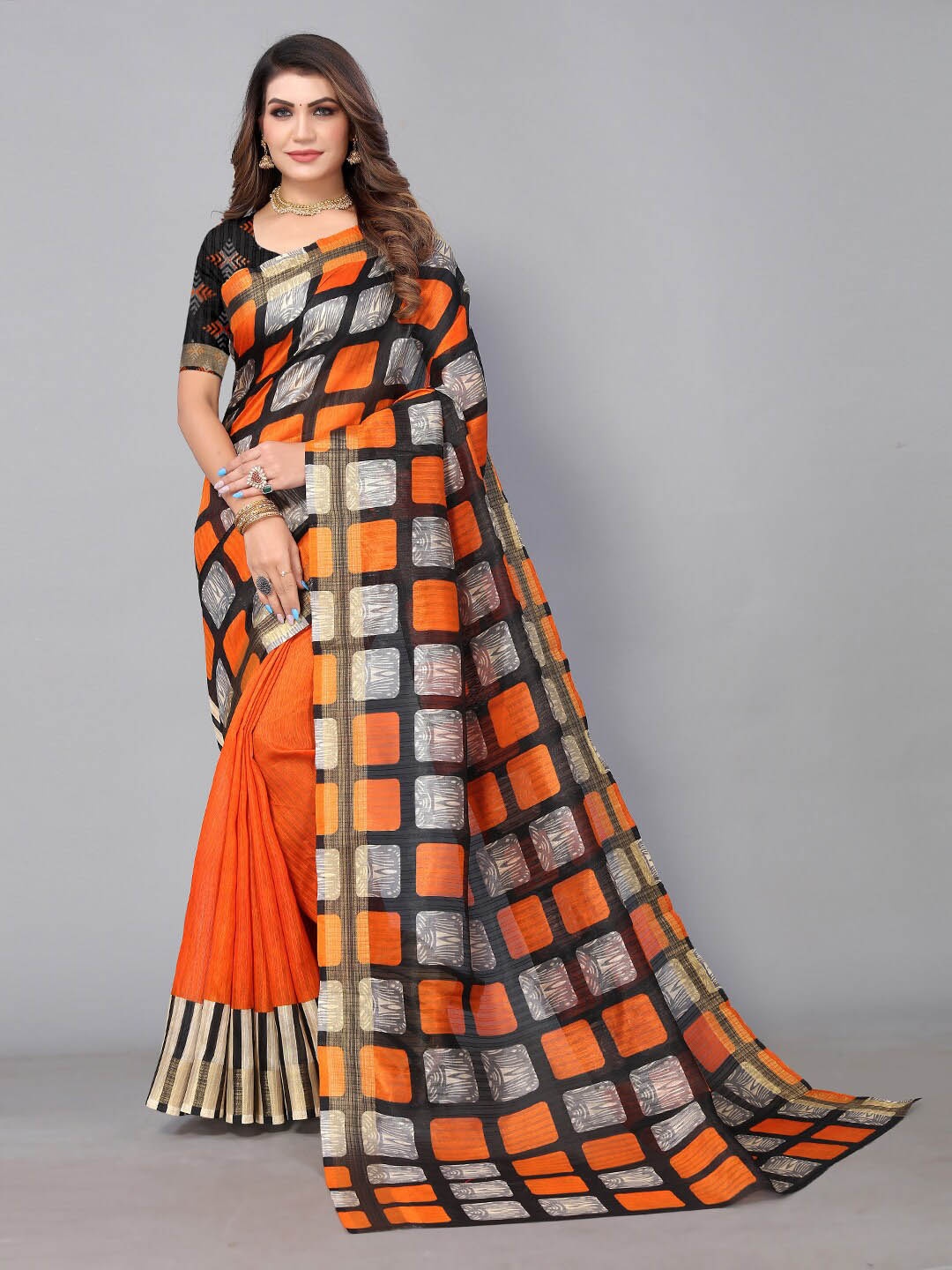 

Shaily Orange Checked Printed Zari Saree