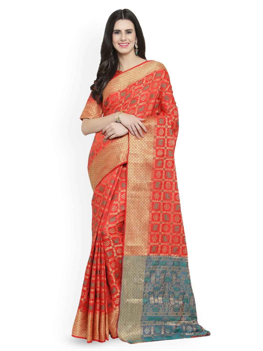 

Shaily Orange Geometric Woven Design Zari Saree