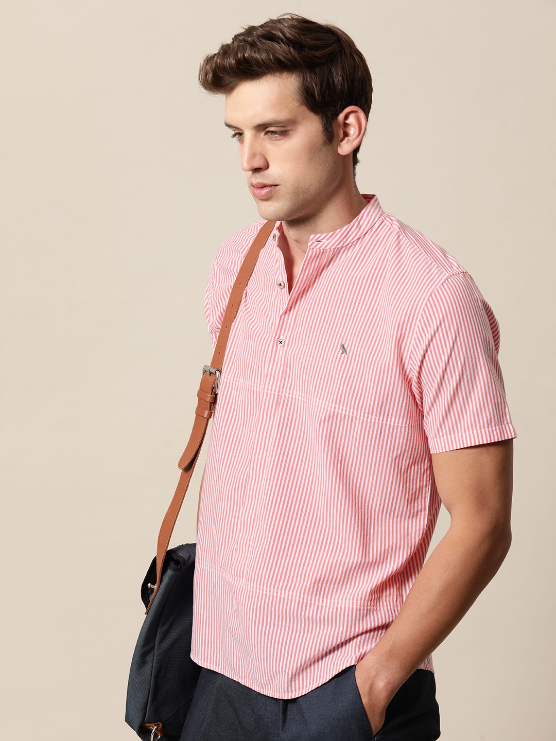 

Mr Bowerbird Men Premium Striped Mandarin Collar Pure Cotton Casual Shirt, White