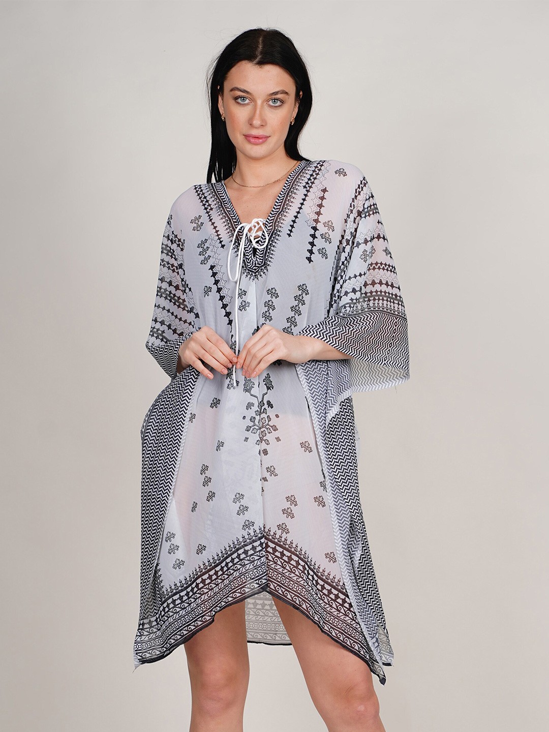 Rajoria Instyle Floral Printed V-Neck Kimono Sleeve Kaftan Semi Sheer Casual Dress, White