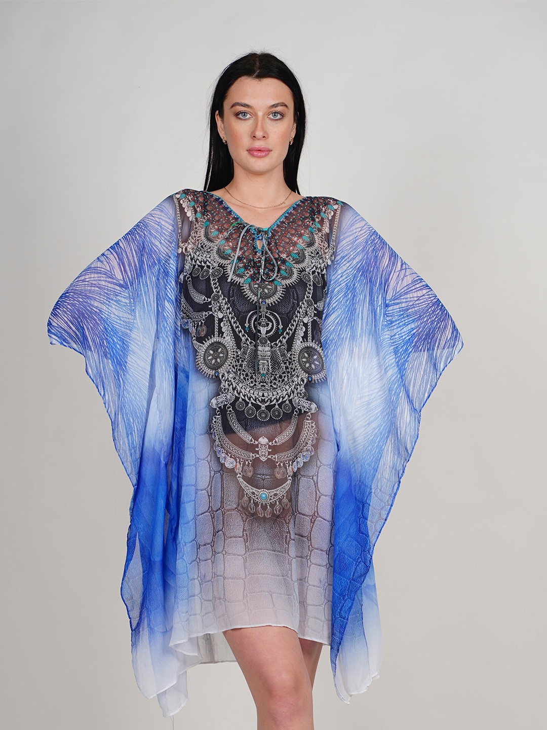 

Rajoria Instyle Embellished Print Kimono Sleeves Georgette Kaftan Dress, Blue