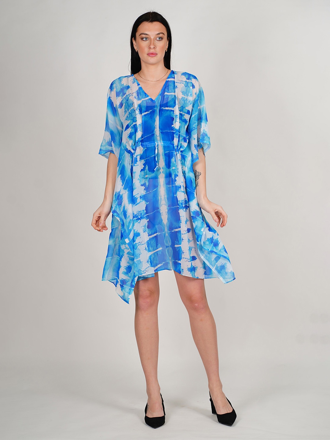 

Rajoria Instyle Tie and Dye Dyed Asymmetric Georgette A-Line Dress, Blue