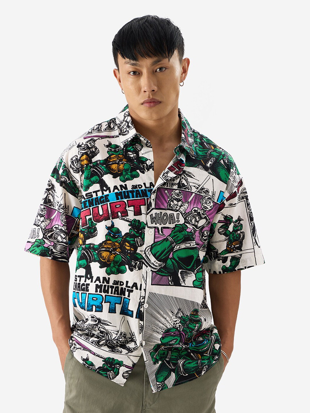 

The Souled Store TMNT: Ninja Power Printed Oversized Casual Pure Cotton Shirt, White